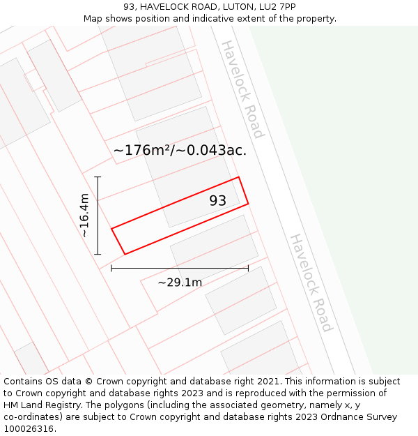 93, HAVELOCK ROAD, LUTON, LU2 7PP: Plot and title map