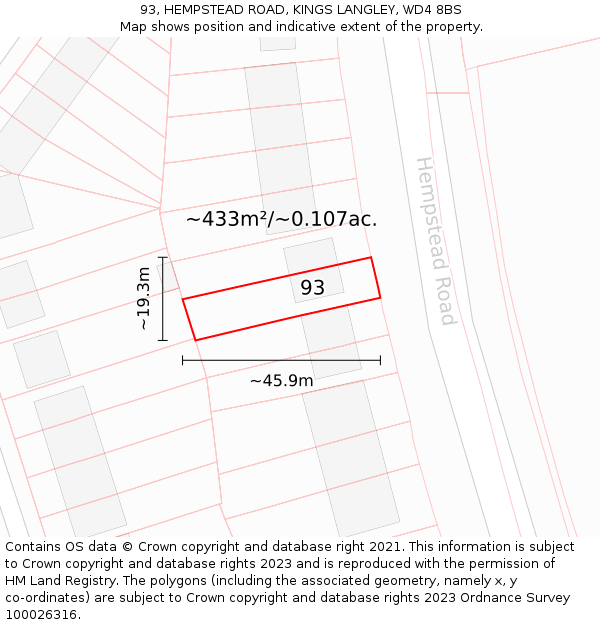 93, HEMPSTEAD ROAD, KINGS LANGLEY, WD4 8BS: Plot and title map