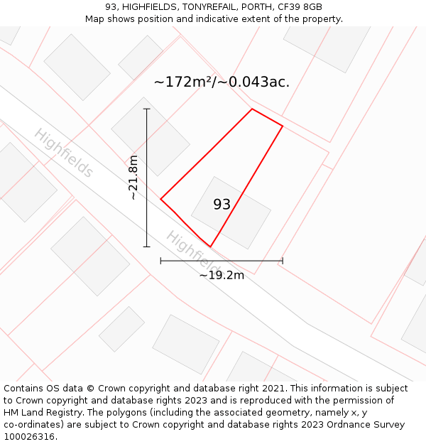 93, HIGHFIELDS, TONYREFAIL, PORTH, CF39 8GB: Plot and title map