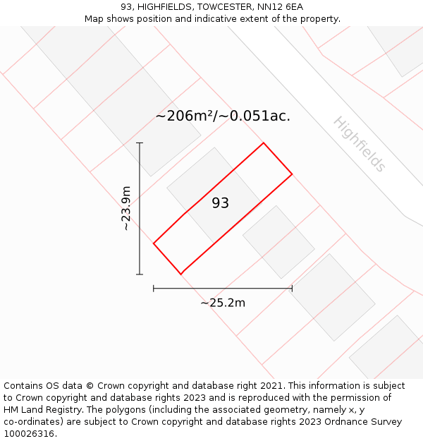 93, HIGHFIELDS, TOWCESTER, NN12 6EA: Plot and title map