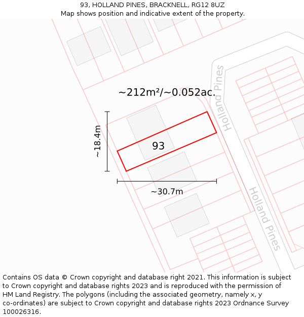 93, HOLLAND PINES, BRACKNELL, RG12 8UZ: Plot and title map