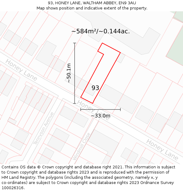 93, HONEY LANE, WALTHAM ABBEY, EN9 3AU: Plot and title map