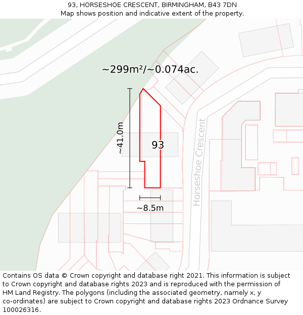 93, HORSESHOE CRESCENT, BIRMINGHAM, B43 7DN: Plot and title map