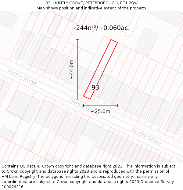 93, HUNTLY GROVE, PETERBOROUGH, PE1 2QW: Plot and title map