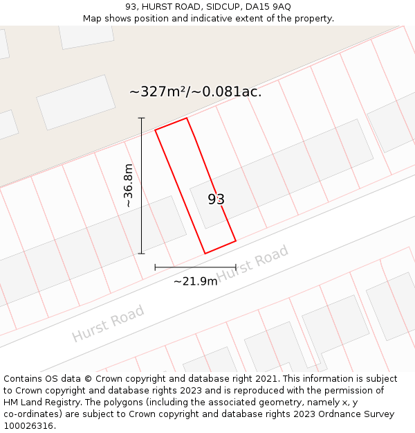 93, HURST ROAD, SIDCUP, DA15 9AQ: Plot and title map