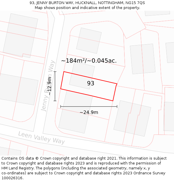 93, JENNY BURTON WAY, HUCKNALL, NOTTINGHAM, NG15 7QS: Plot and title map