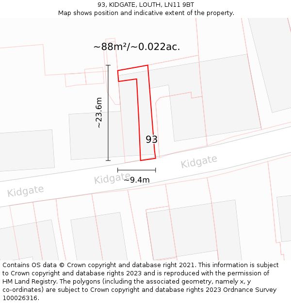 93, KIDGATE, LOUTH, LN11 9BT: Plot and title map