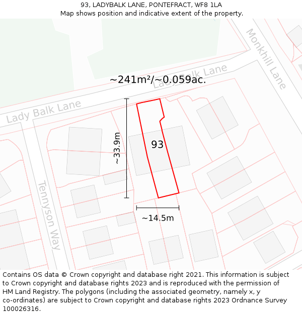 93, LADYBALK LANE, PONTEFRACT, WF8 1LA: Plot and title map