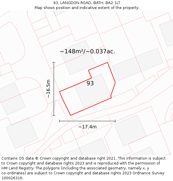 93, LANGDON ROAD, BATH, BA2 1LT: Plot and title map