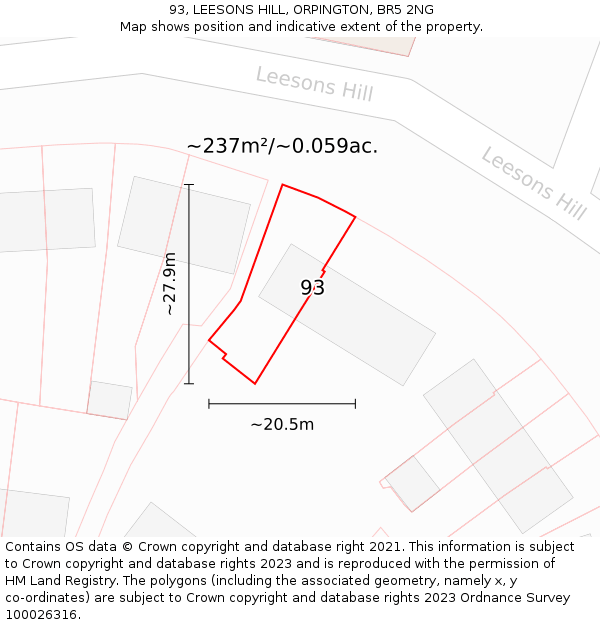93, LEESONS HILL, ORPINGTON, BR5 2NG: Plot and title map