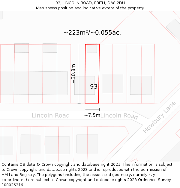 93, LINCOLN ROAD, ERITH, DA8 2DU: Plot and title map