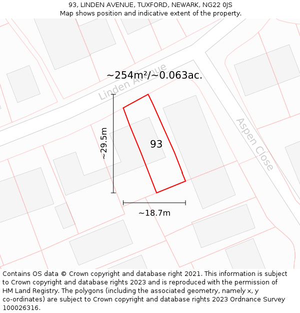 93, LINDEN AVENUE, TUXFORD, NEWARK, NG22 0JS: Plot and title map