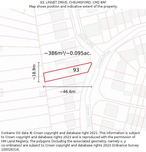 93, LINNET DRIVE, CHELMSFORD, CM2 8AF: Plot and title map