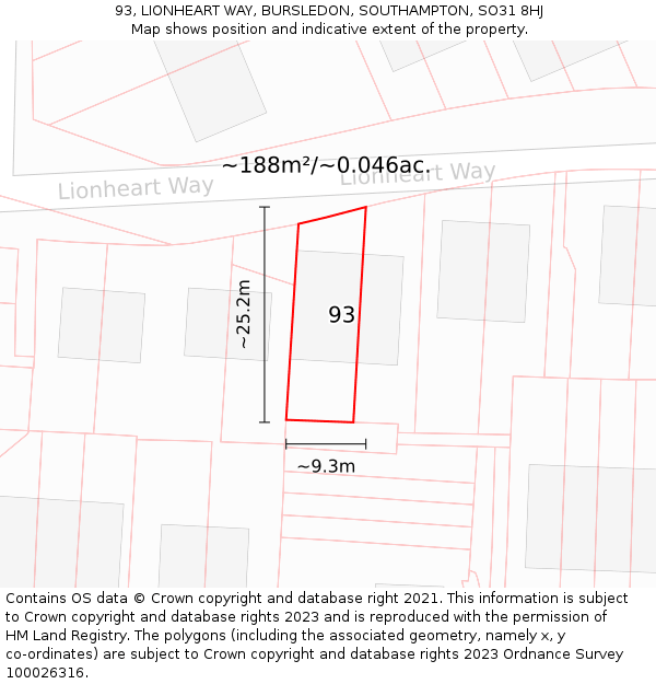 93, LIONHEART WAY, BURSLEDON, SOUTHAMPTON, SO31 8HJ: Plot and title map