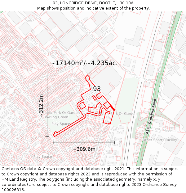93, LONGRIDGE DRIVE, BOOTLE, L30 1RA: Plot and title map