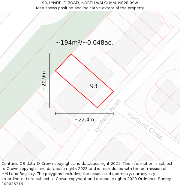 93, LYNFIELD ROAD, NORTH WALSHAM, NR28 0SW: Plot and title map