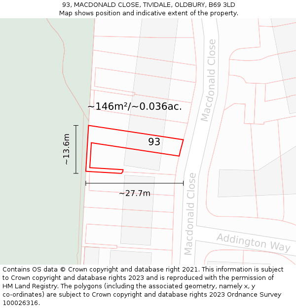 93, MACDONALD CLOSE, TIVIDALE, OLDBURY, B69 3LD: Plot and title map