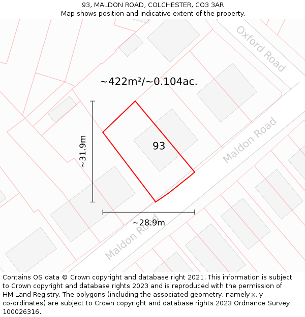 93, MALDON ROAD, COLCHESTER, CO3 3AR: Plot and title map