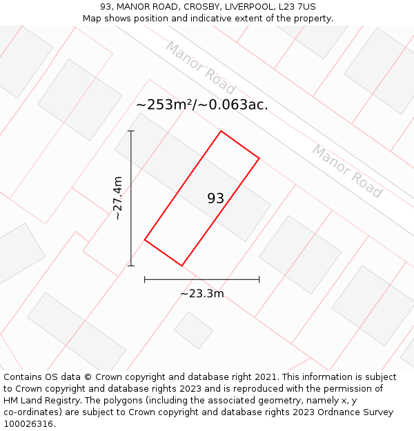 93, MANOR ROAD, CROSBY, LIVERPOOL, L23 7US: Plot and title map