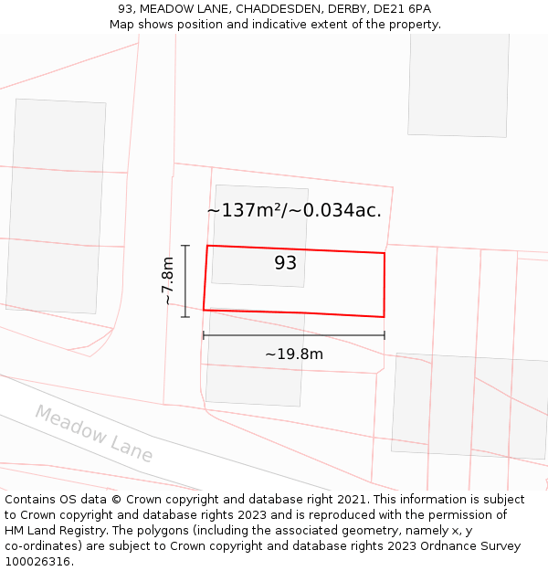 93, MEADOW LANE, CHADDESDEN, DERBY, DE21 6PA: Plot and title map