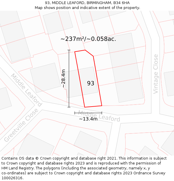 93, MIDDLE LEAFORD, BIRMINGHAM, B34 6HA: Plot and title map