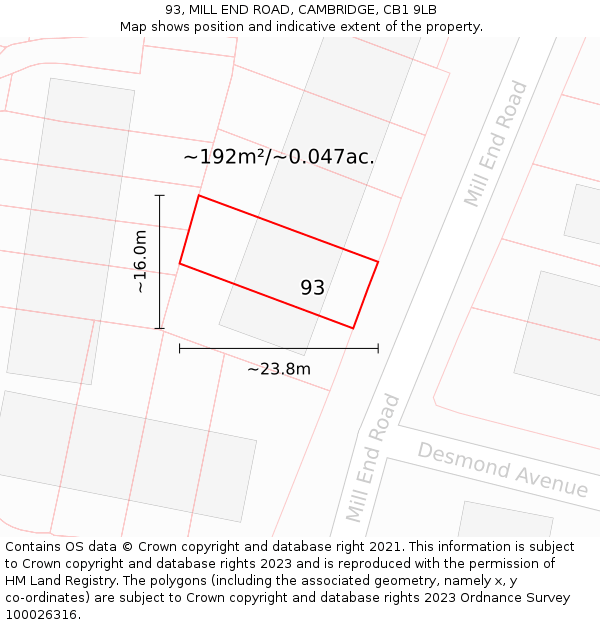 93, MILL END ROAD, CAMBRIDGE, CB1 9LB: Plot and title map