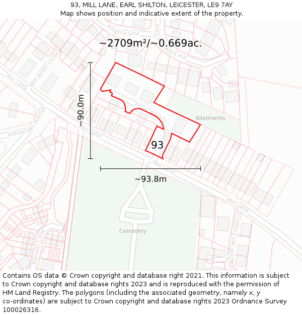 93, MILL LANE, EARL SHILTON, LEICESTER, LE9 7AY: Plot and title map