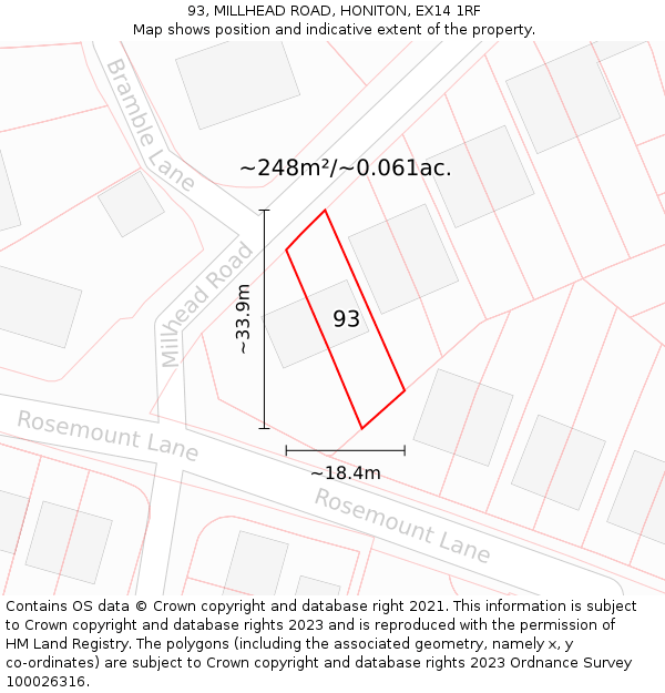 93, MILLHEAD ROAD, HONITON, EX14 1RF: Plot and title map
