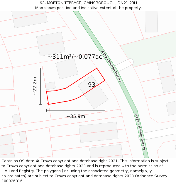 93, MORTON TERRACE, GAINSBOROUGH, DN21 2RH: Plot and title map