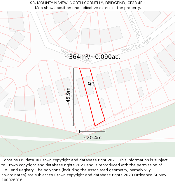 93, MOUNTAIN VIEW, NORTH CORNELLY, BRIDGEND, CF33 4EH: Plot and title map