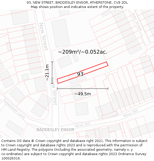 93, NEW STREET, BADDESLEY ENSOR, ATHERSTONE, CV9 2DL: Plot and title map