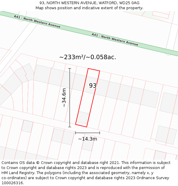 93, NORTH WESTERN AVENUE, WATFORD, WD25 0AG: Plot and title map