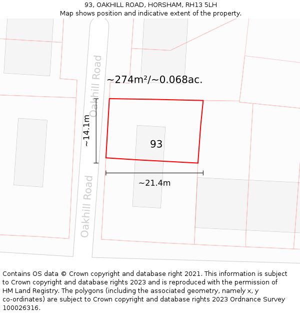 93, OAKHILL ROAD, HORSHAM, RH13 5LH: Plot and title map
