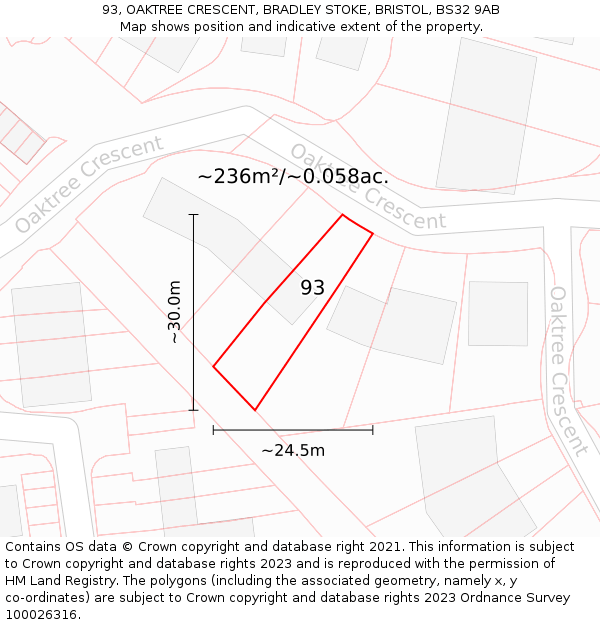 93, OAKTREE CRESCENT, BRADLEY STOKE, BRISTOL, BS32 9AB: Plot and title map