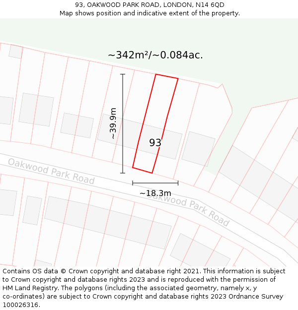 93, OAKWOOD PARK ROAD, LONDON, N14 6QD: Plot and title map
