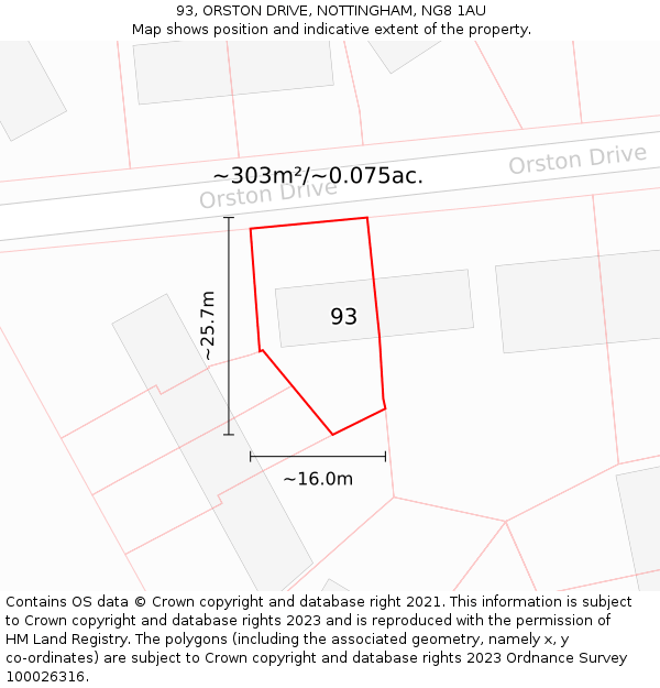 93, ORSTON DRIVE, NOTTINGHAM, NG8 1AU: Plot and title map