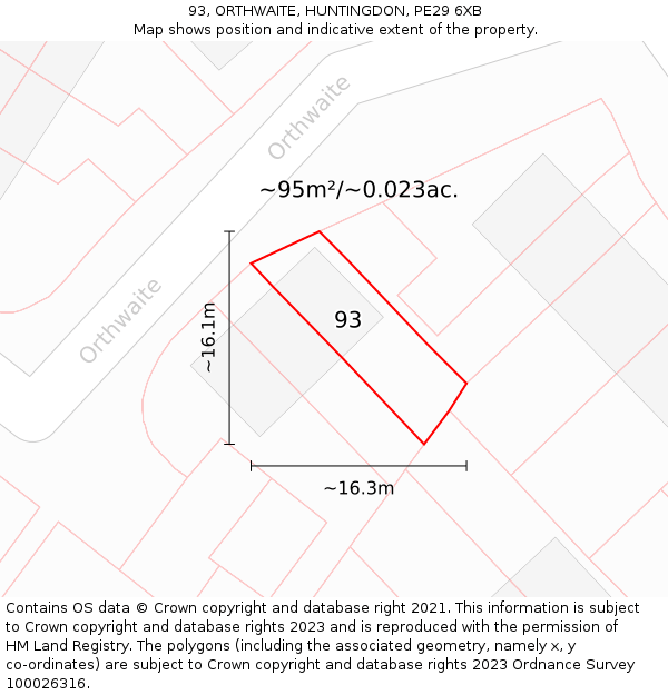 93, ORTHWAITE, HUNTINGDON, PE29 6XB: Plot and title map