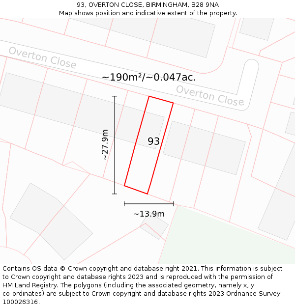 93, OVERTON CLOSE, BIRMINGHAM, B28 9NA: Plot and title map