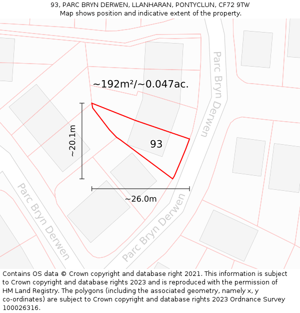 93, PARC BRYN DERWEN, LLANHARAN, PONTYCLUN, CF72 9TW: Plot and title map
