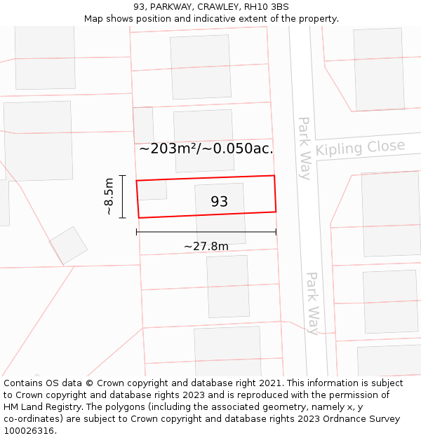 93, PARKWAY, CRAWLEY, RH10 3BS: Plot and title map