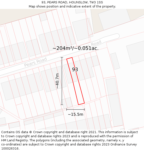 93, PEARS ROAD, HOUNSLOW, TW3 1SS: Plot and title map