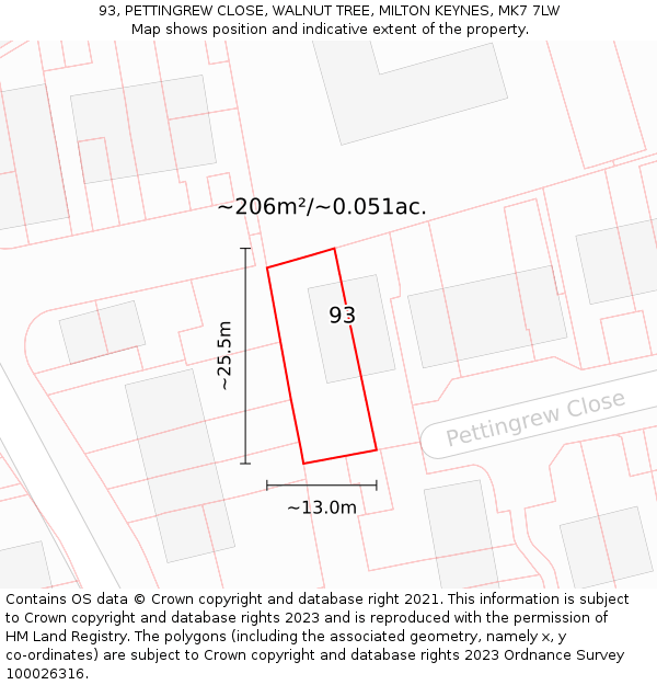 93, PETTINGREW CLOSE, WALNUT TREE, MILTON KEYNES, MK7 7LW: Plot and title map