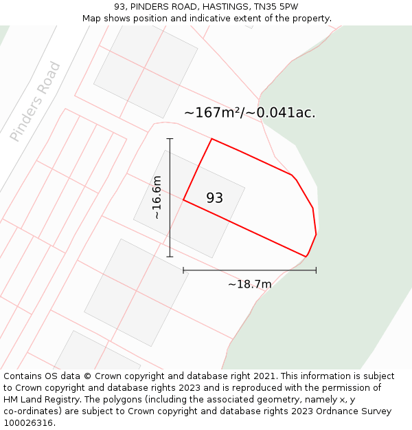 93, PINDERS ROAD, HASTINGS, TN35 5PW: Plot and title map