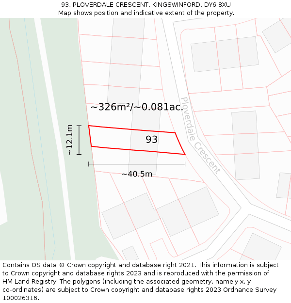 93, PLOVERDALE CRESCENT, KINGSWINFORD, DY6 8XU: Plot and title map