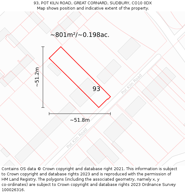 93, POT KILN ROAD, GREAT CORNARD, SUDBURY, CO10 0DX: Plot and title map