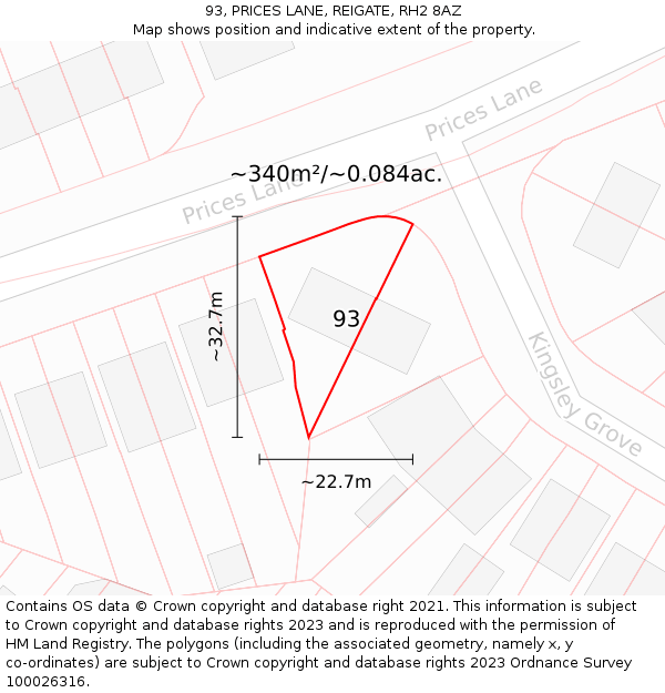 93, PRICES LANE, REIGATE, RH2 8AZ: Plot and title map