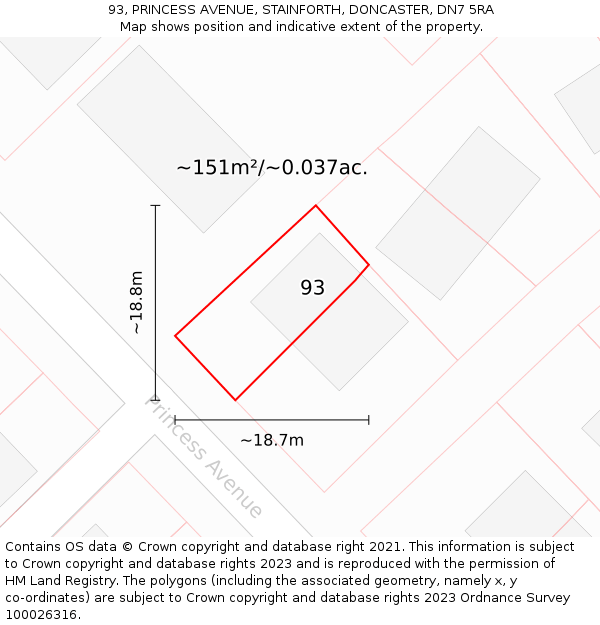 93, PRINCESS AVENUE, STAINFORTH, DONCASTER, DN7 5RA: Plot and title map