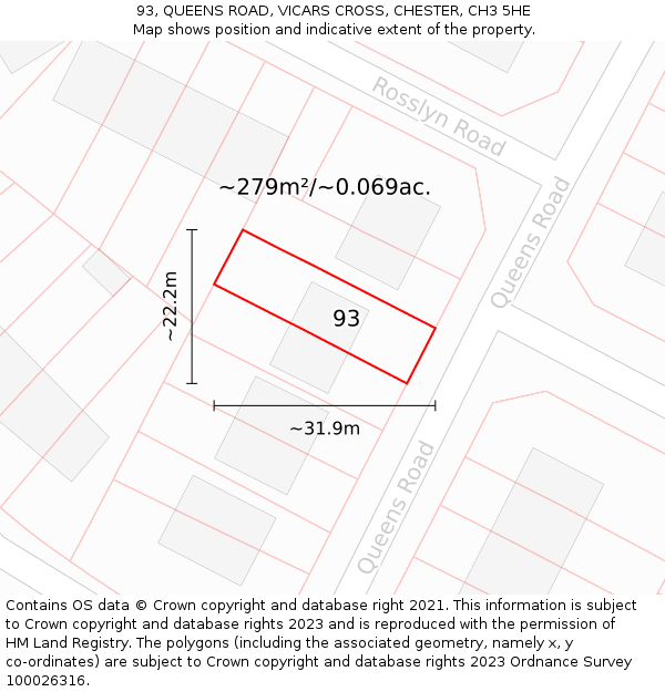 93, QUEENS ROAD, VICARS CROSS, CHESTER, CH3 5HE: Plot and title map