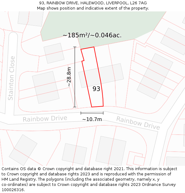 93, RAINBOW DRIVE, HALEWOOD, LIVERPOOL, L26 7AG: Plot and title map