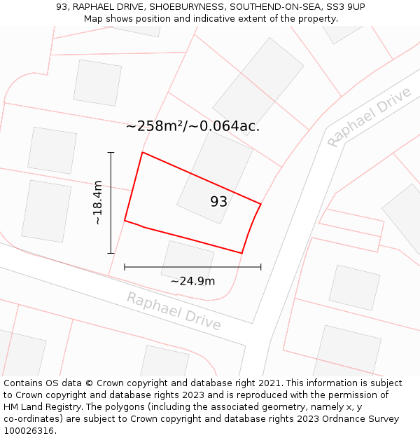 93, RAPHAEL DRIVE, SHOEBURYNESS, SOUTHEND-ON-SEA, SS3 9UP: Plot and title map